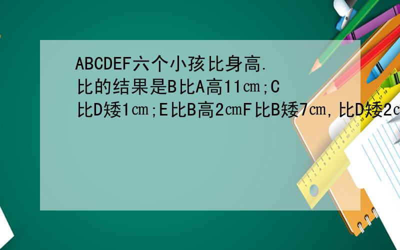 ABCDEF六个小孩比身高.比的结果是B比A高11㎝;C比D矮1㎝;E比B高2㎝F比B矮7㎝,比D矮2㎝.六个人中最矮的身高是156㎝（1）画一条有刻度的直线,将B比A高11厘米表示如下(2)再将E比B高2厘米表示在上图