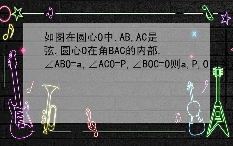 如图在圆心O中,AB,AC是弦,圆心O在角BAC的内部,∠ABO=a,∠ACO=P,∠BOC=O则a,P,O的关系是