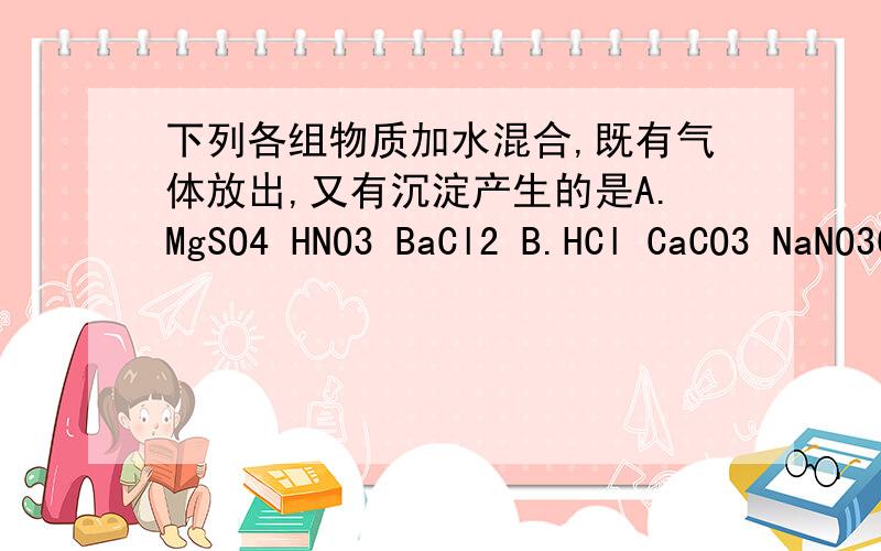下列各组物质加水混合,既有气体放出,又有沉淀产生的是A.MgSO4 HNO3 BaCl2 B.HCl CaCO3 NaNO3C.CaCl2 Na2CO3 CuSO4 D.H2SO4 Na2CO3 BaCl2