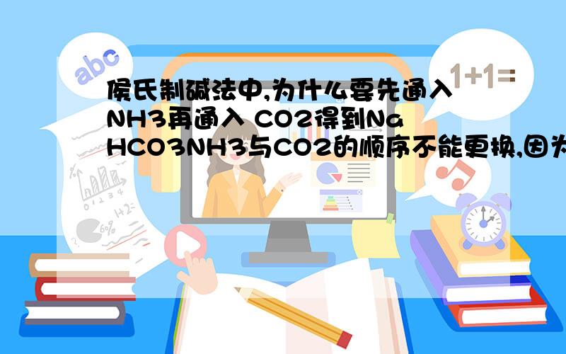 侯氏制碱法中,为什么要先通入NH3再通入 CO2得到NaHCO3NH3与CO2的顺序不能更换,因为CO2在睡中溶解度远远小于同等状况下NH3在水中的溶解度,这样溶液中的HCO3-离子浓度太小,不会生成NaHCO3为什么会